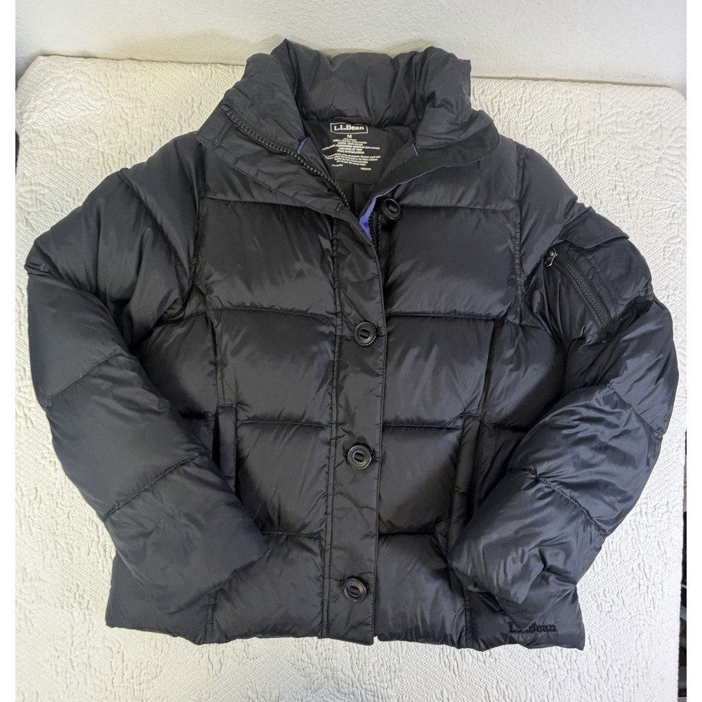 LL Bean Jacket Womans Black Goose Down Puffer High Neck Pockets Medium Quilted‎